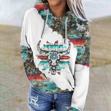 Western Print Long Sleeve Casual Hoodie