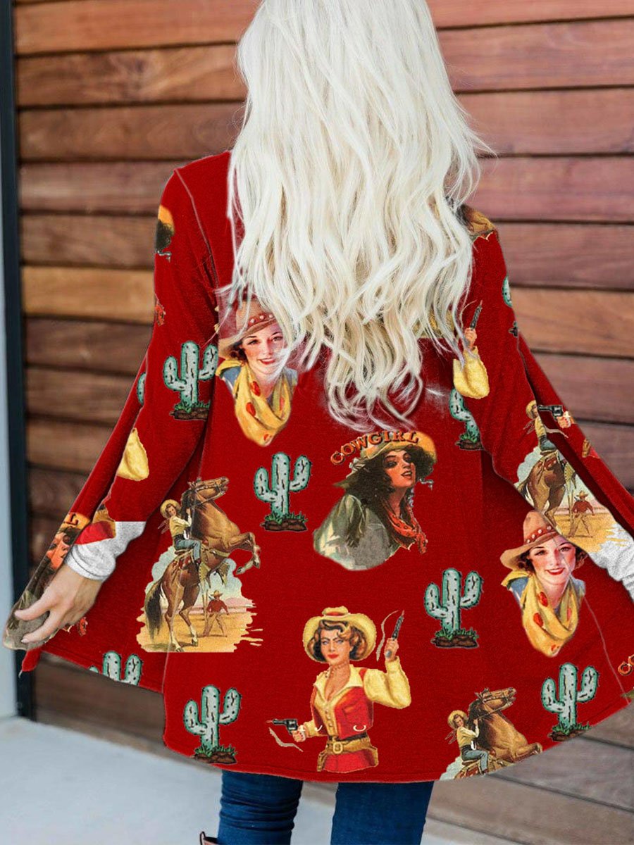 Western Vintage Cowgirl Print Cardigan