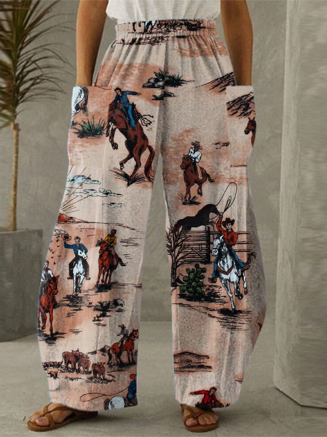 Western Vintage Print Casual Wide Leg Pants