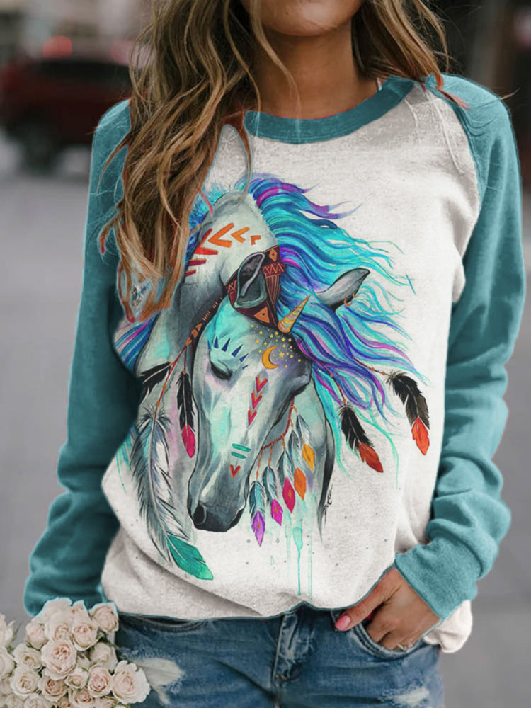 Wisherryy Indian Horse Contrast Color Sweatshirt