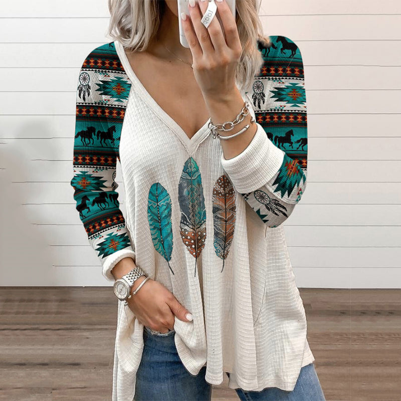 Wisherryy Ethnic Elements Printed Long-Sleeved T-Shirt