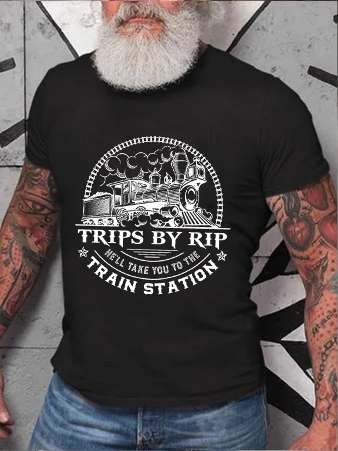 Camiseta estampada para hombre con la frase "He'll Take You To The Train Station" de Rip 