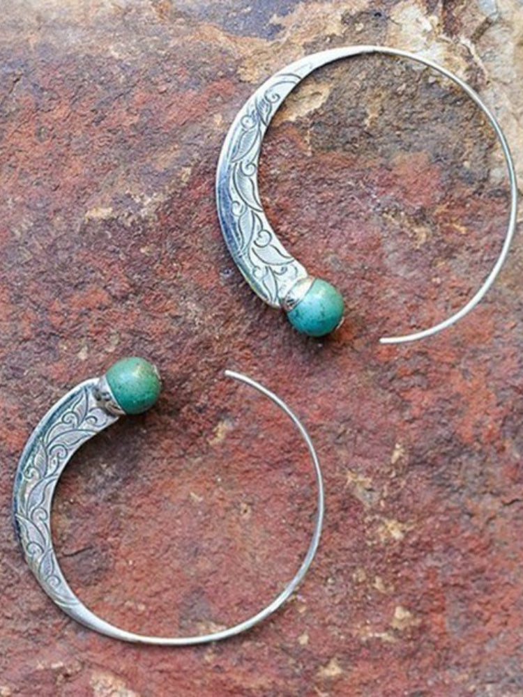 Wisherryy Vintage Carving Crescent Turquoise Earrings