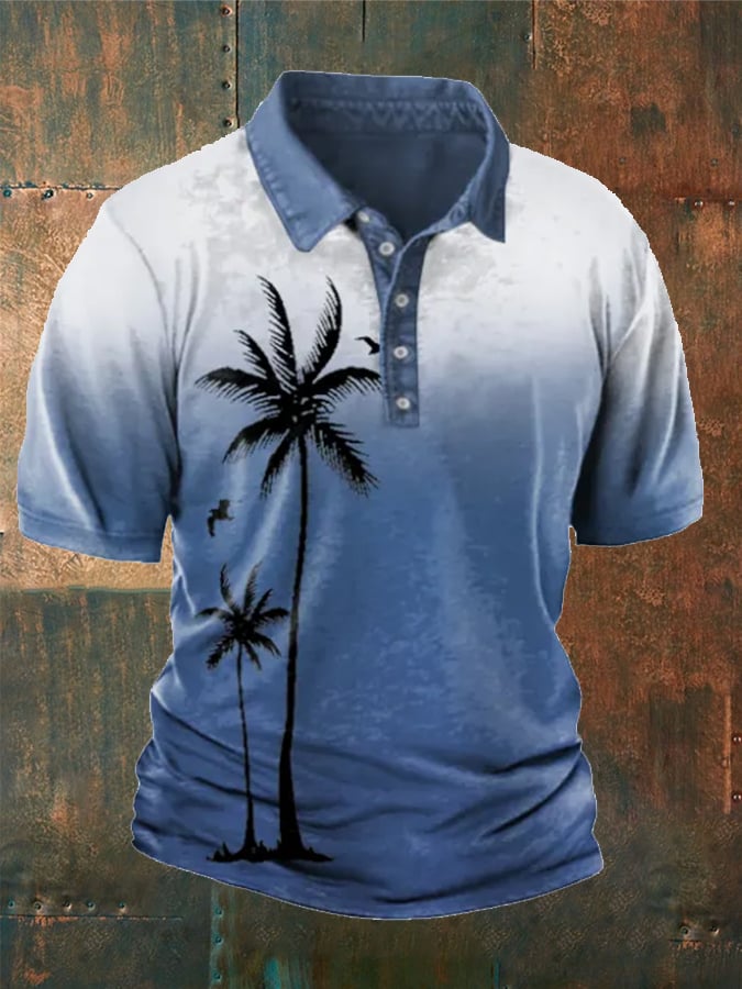 Polo informal con solapa y estampado degradado de cocotero para hombre 