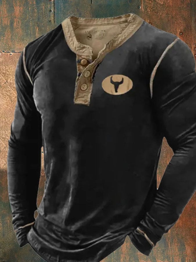 Camiseta de manga larga con cuello abotonado y estampado informal para hombre 