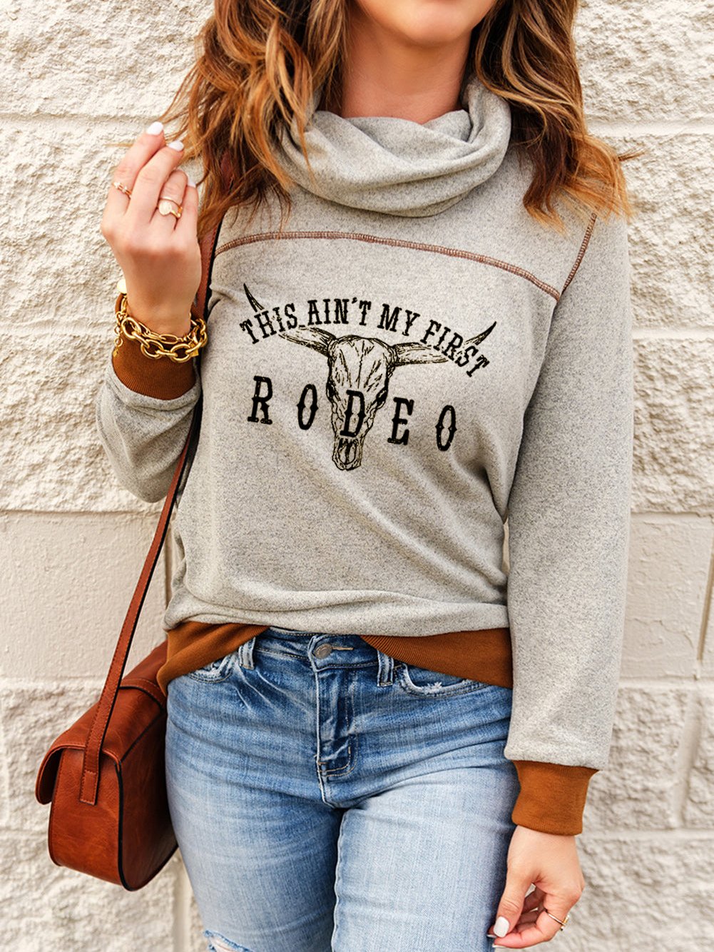 Sudadera informal holgada con solapa y estampado Western Not My First Rodeo para mujer 