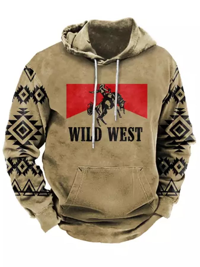 Men's western ethnic style WILD WEST printed casual hooded sweater