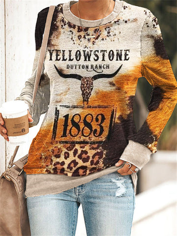 Western Bull Skull Leopard Cowhide Sweatshirt