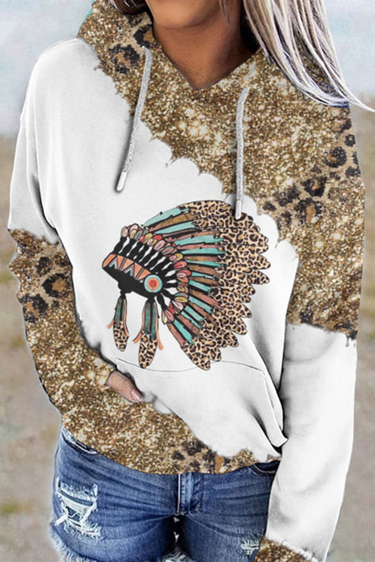 Western Vintage Leopard Print Long Sleeve Casual Hoodie