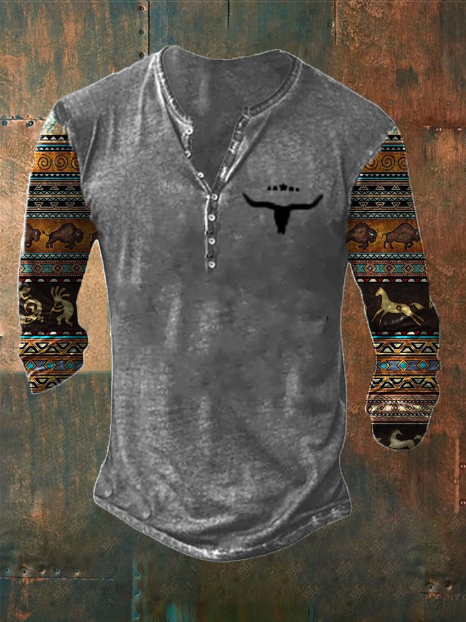 Camiseta con botones y estampado informal estilo western para hombre 