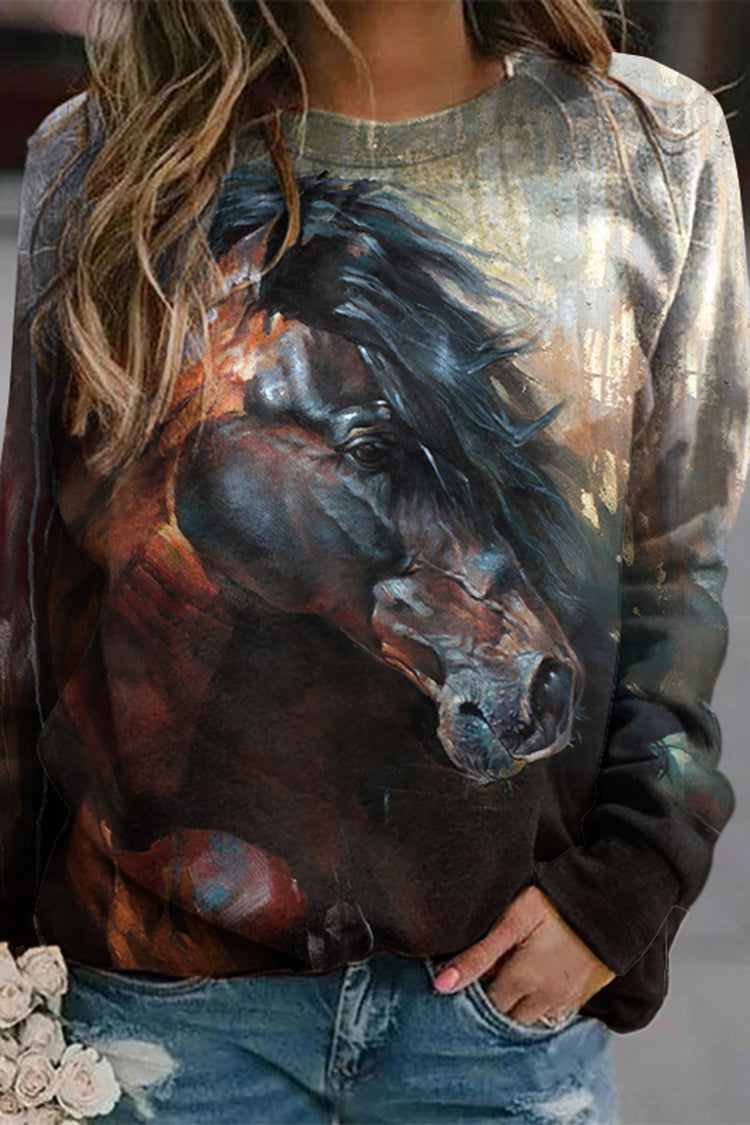 Vintage Horse Print Crew Neck Long Sleeve Sweatshirt