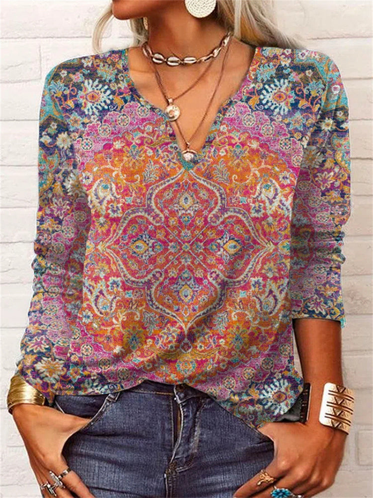 Vintage Print V-Neck Long Sleeve Casual T-Shirt