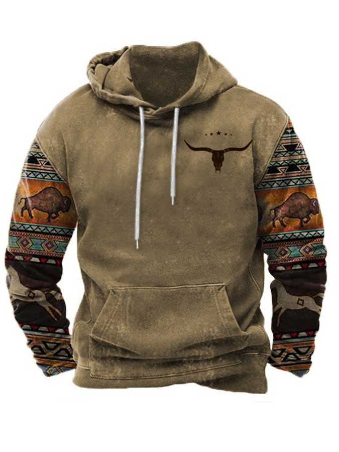 Sudadera con capucha informal con estampado étnico occidental vintage para hombre 