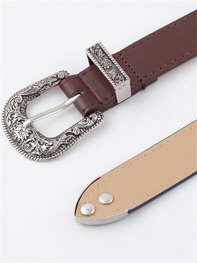 Wisherryy Western Vintage Carved Buckle Basic Belt