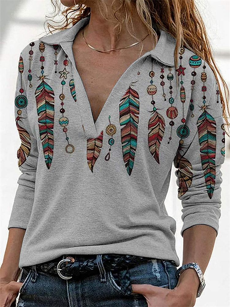 Wisherryy Western Ethnic Feathers V Neck T Shirt