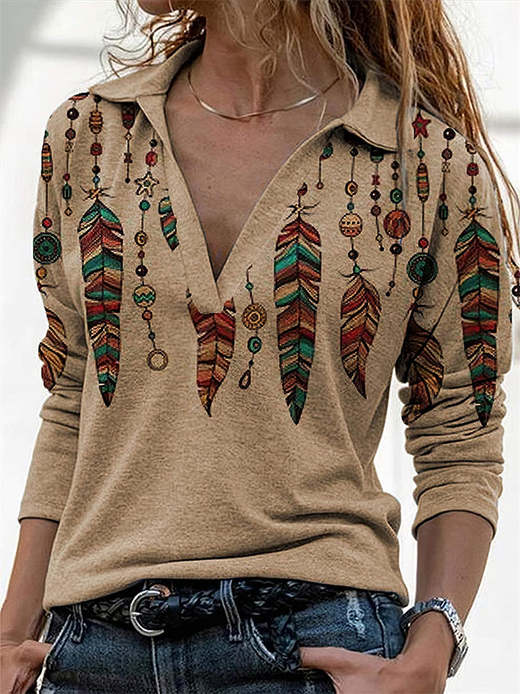 Wisherryy Western Ethnic Feathers V Neck T Shirt