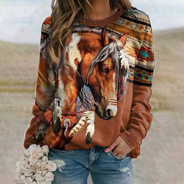 Western Print Crew Neck Long Sleeve Sweatshirt