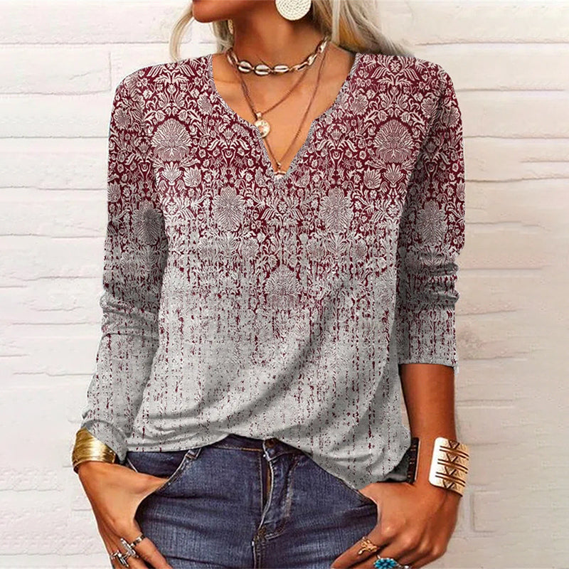 Vintage Print V-Neck Long Sleeve T-Shirt