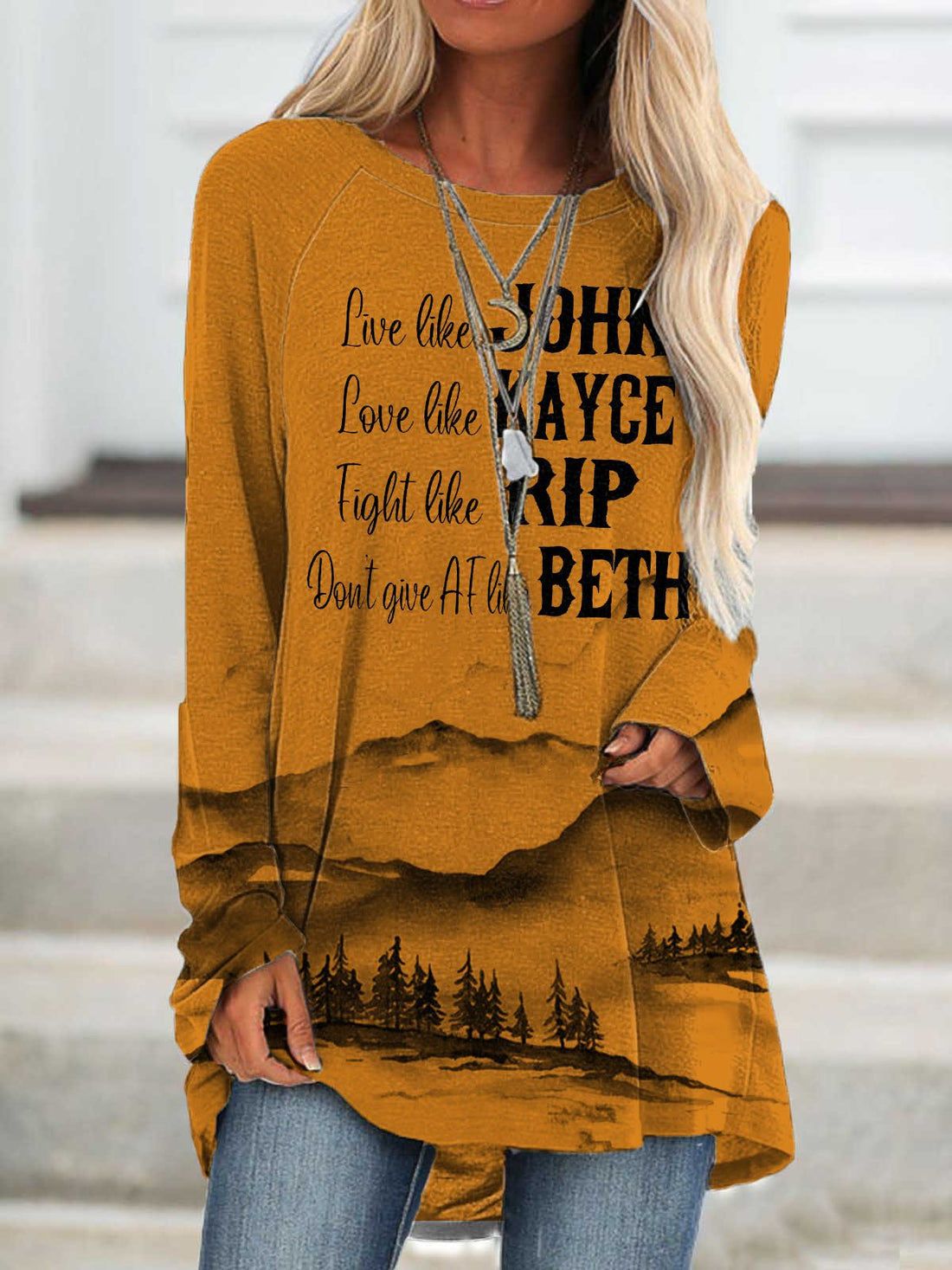 Women's Western Live Like John Love LIke Kace Fight Like Rip Don't Give AF Like Beth Landscape Print Top