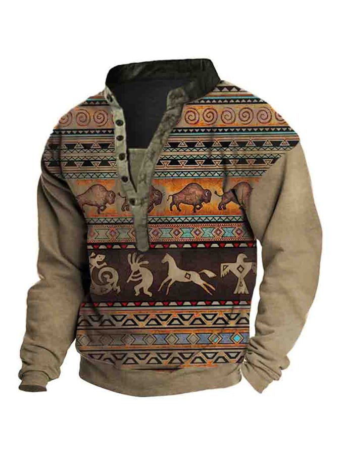 Men's Vintage Western Print Stand Collar Casual Sweatshirt