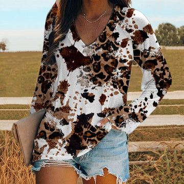 Vintage Leopard Print V-Neck Long Sleeve T-Shirt