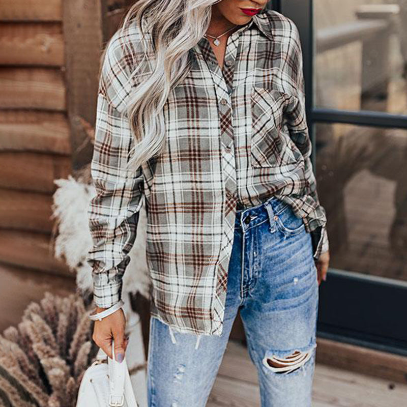 Vintage Plaid Lapel Long Sleeve Shirt