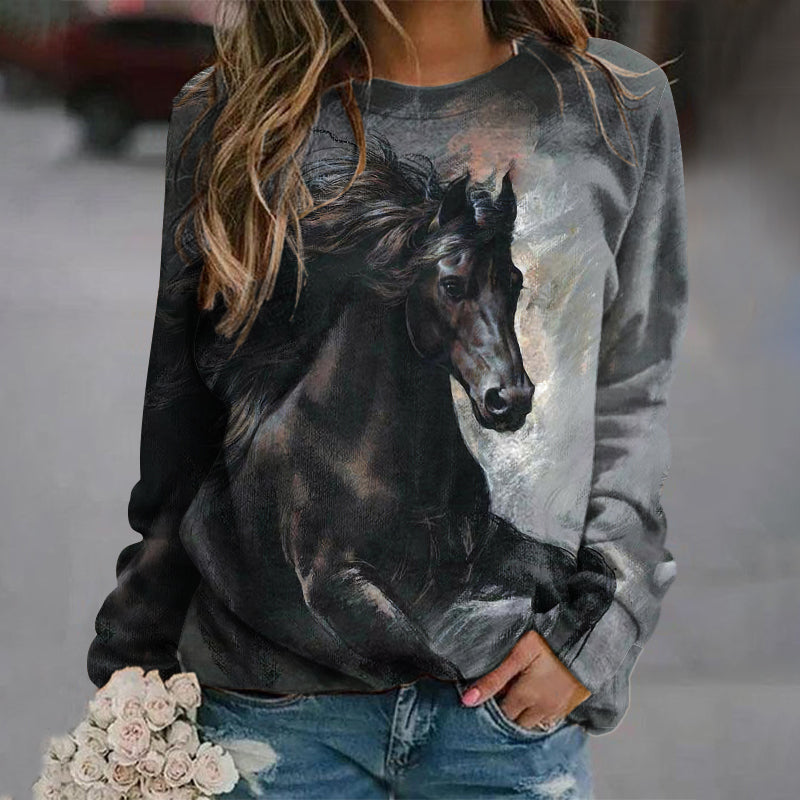 Western Horse Print Crew Neck Long Sleeve Sweatshirt