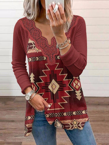 Wisherryy Ethnic Print Casual Long-Sleeved T-Shirt