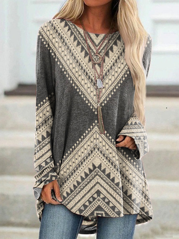 Western Print Crew Neck Casual Tunic