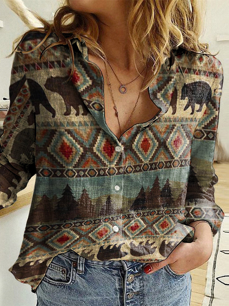 Vintage Western Print Lapel Long Sleeve Shirt