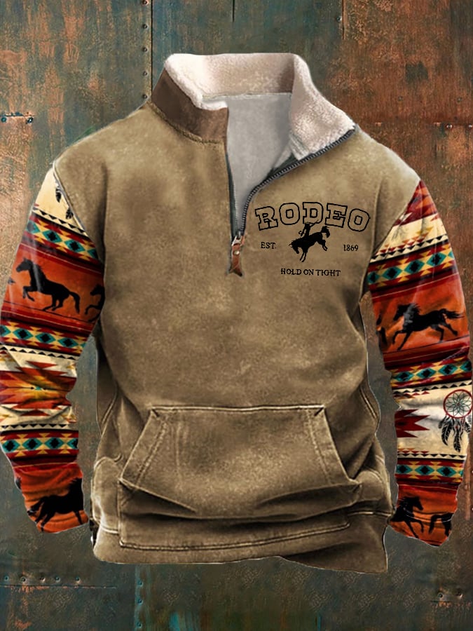 Sudadera con cuello de piel y paneles con estampado azteca de rodeo y vaquero occidental vintage para hombre 