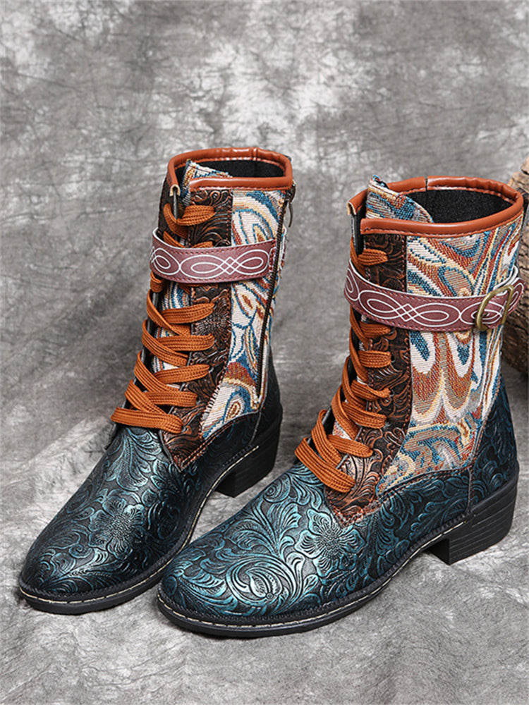 Vintage Floral Carved Patchwork Ankle Boots