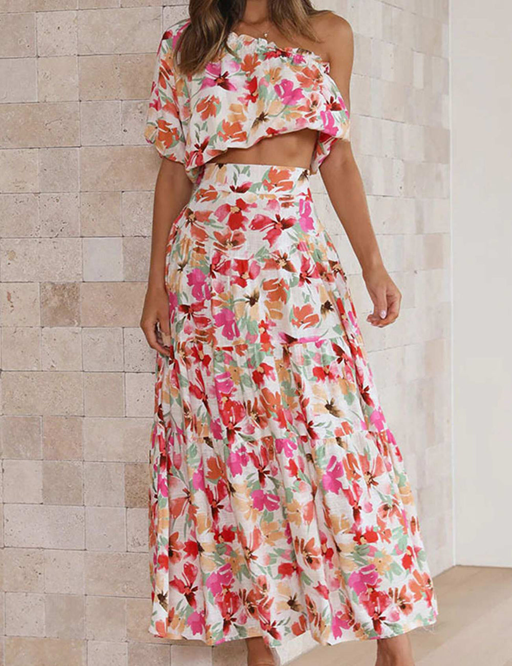 Floral Print One Shoulder Crop Top Tiered Skirt Suits