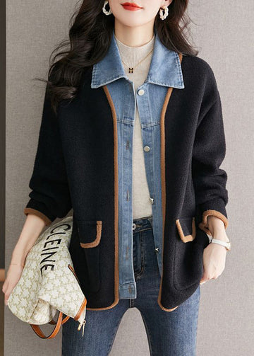 🔥Christmas Sale 🎁🎄-50% OFF-Unique Black Peter Pan Collar Denim Patchwork Woolen Fake Two Piece Coat Fall