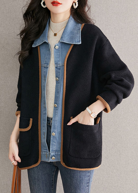 🔥Christmas Sale 🎁🎄-50% OFF-Unique Black Peter Pan Collar Denim Patchwork Woolen Fake Two Piece Coat Fall