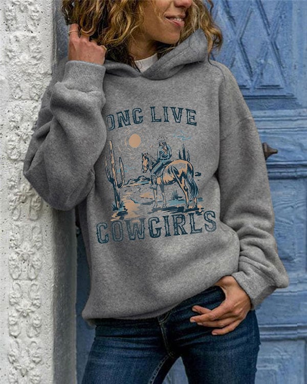 Women's Long Live Cowgirls Print Casual Hoodie