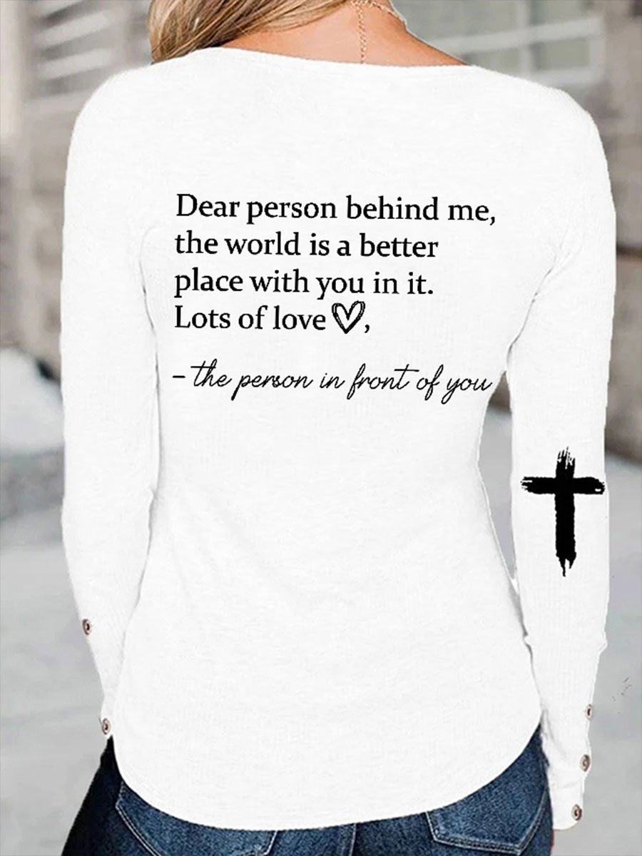 Women's Faith Dear Person Behind Me Cross Heart Print Button Top