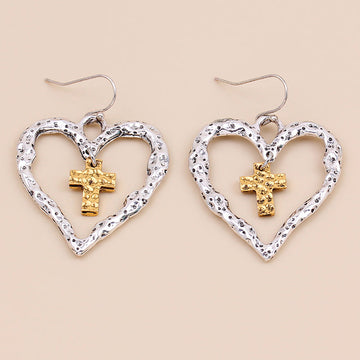 Vintage Cutout Heart Cross Earrings