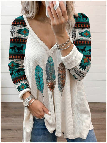 Wisherryy Ethnic Elements Printed Long-Sleeved T-Shirt