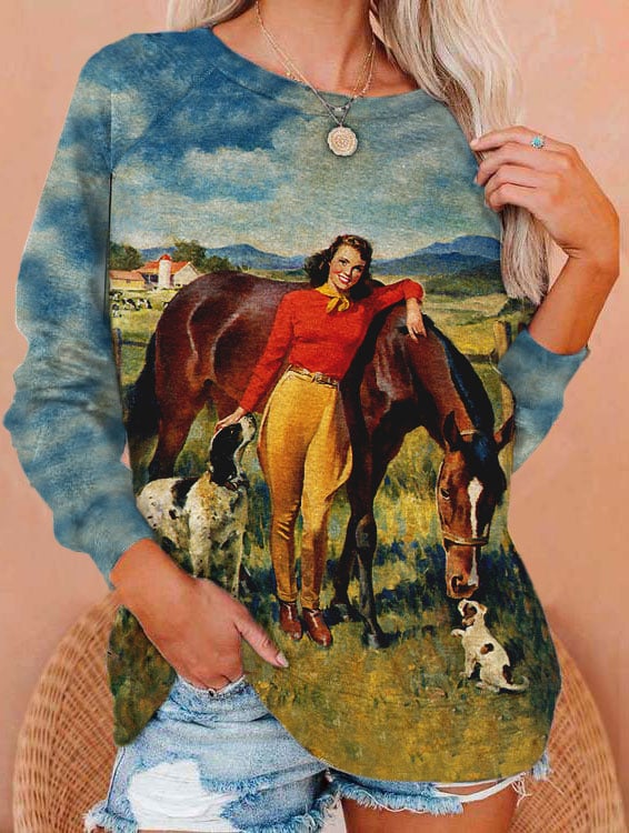 Women's Retro Cowgirl Print Sweatshirt