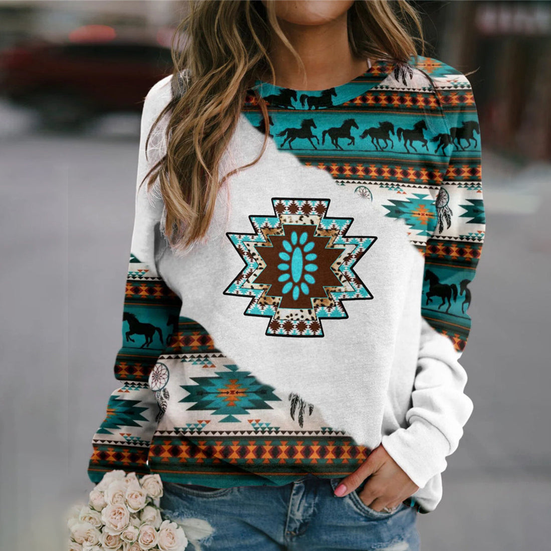 Wisherryy Animal Geometric Print Long Sleeve Crew Neck Sweatshirt