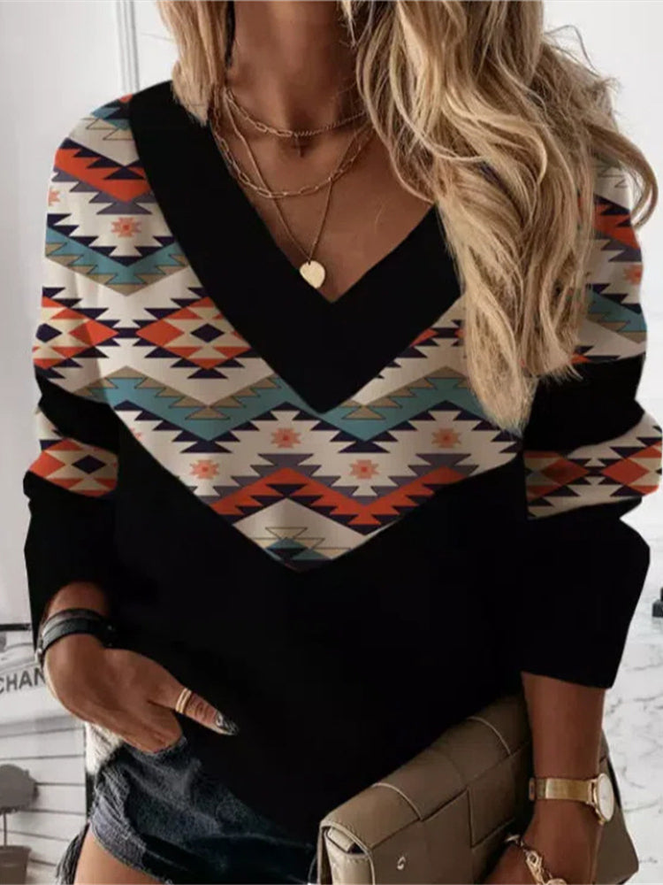 Western Print Panel V-Neck Sweatshirt