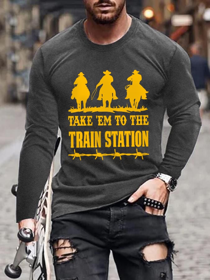 Camiseta de manga larga con silueta de vaquero "Llévalos a la estación de tren" para hombre 