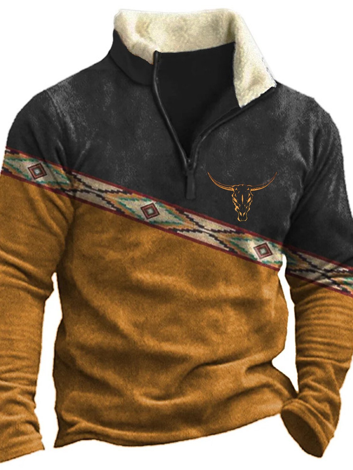 Sudadera con cuello de piel de cuernos largos étnica vintage occidental para hombre 