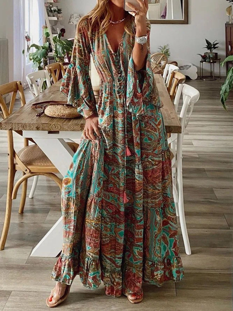 Women‘s Boho Floral Pattern Flared Sleeve Maxi Dress