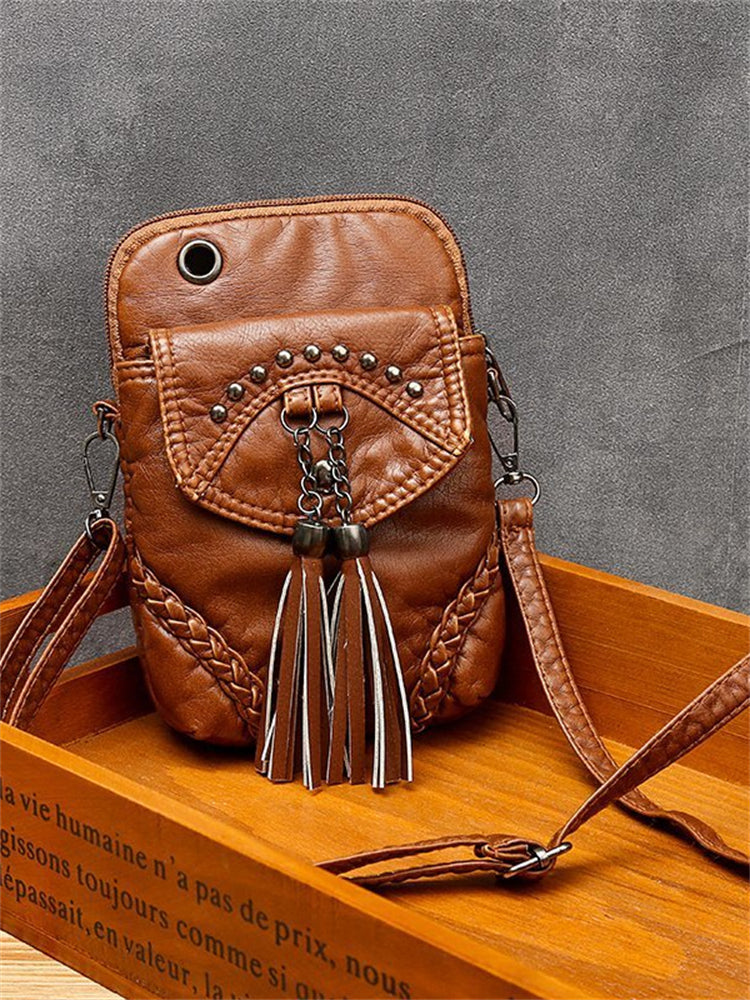 Tassels Studded Flap Mini Crossbody Bag