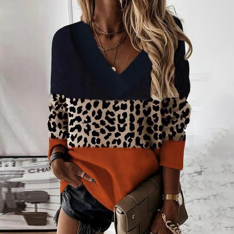 Leopard Panel V-Neck Long Sleeve T-Shirt