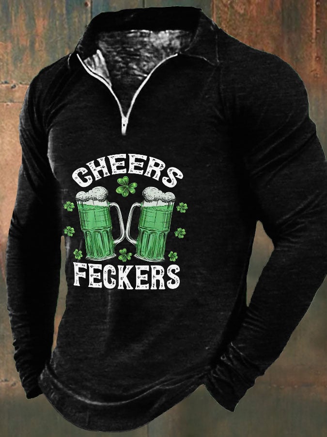 Sudadera de manga larga con cremallera y estampado del Día de San Patricio con Beer Cheers Feckers para hombre 