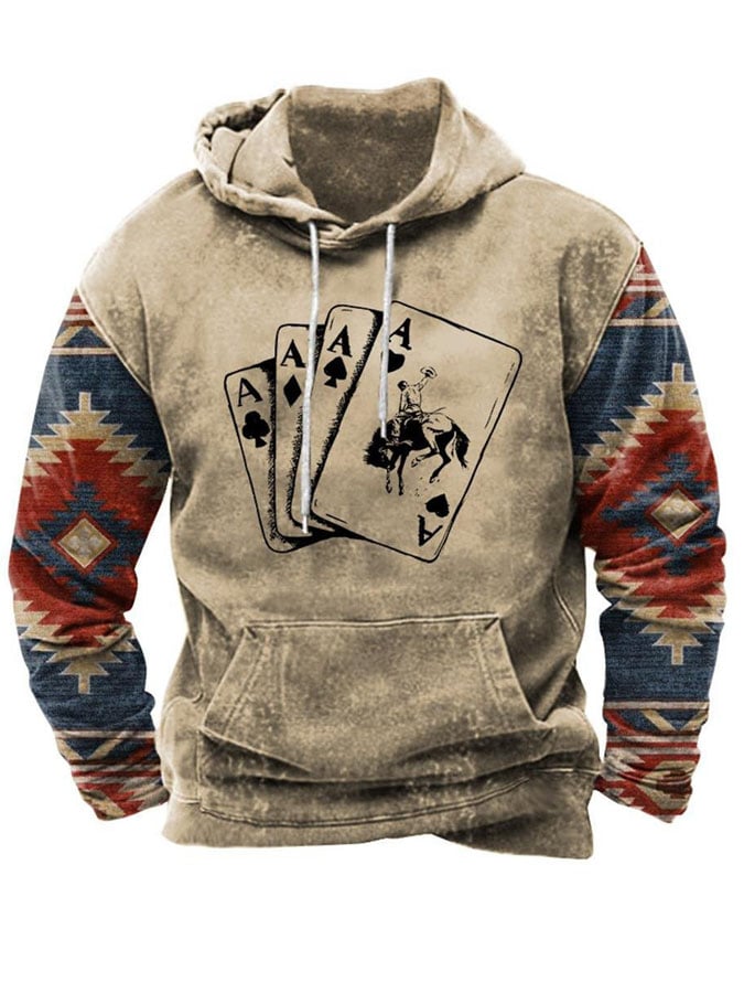 Sudadera con capucha con estampado de cartas de vaquero y estilo étnico vintage para hombre 