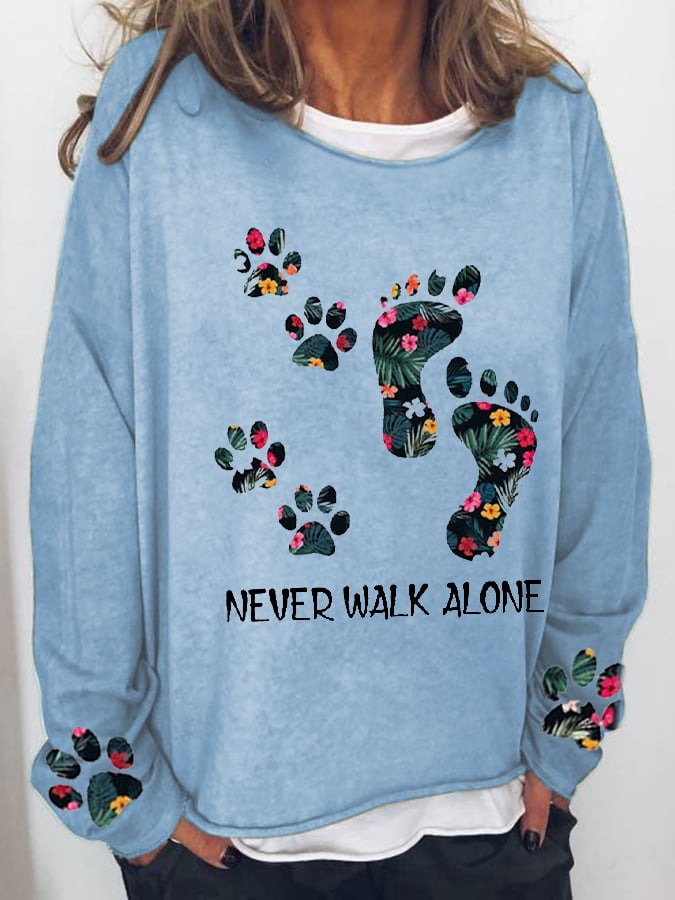 Suéter casual con estampado de huella de perro NEVER WALK ALONE para mujer 